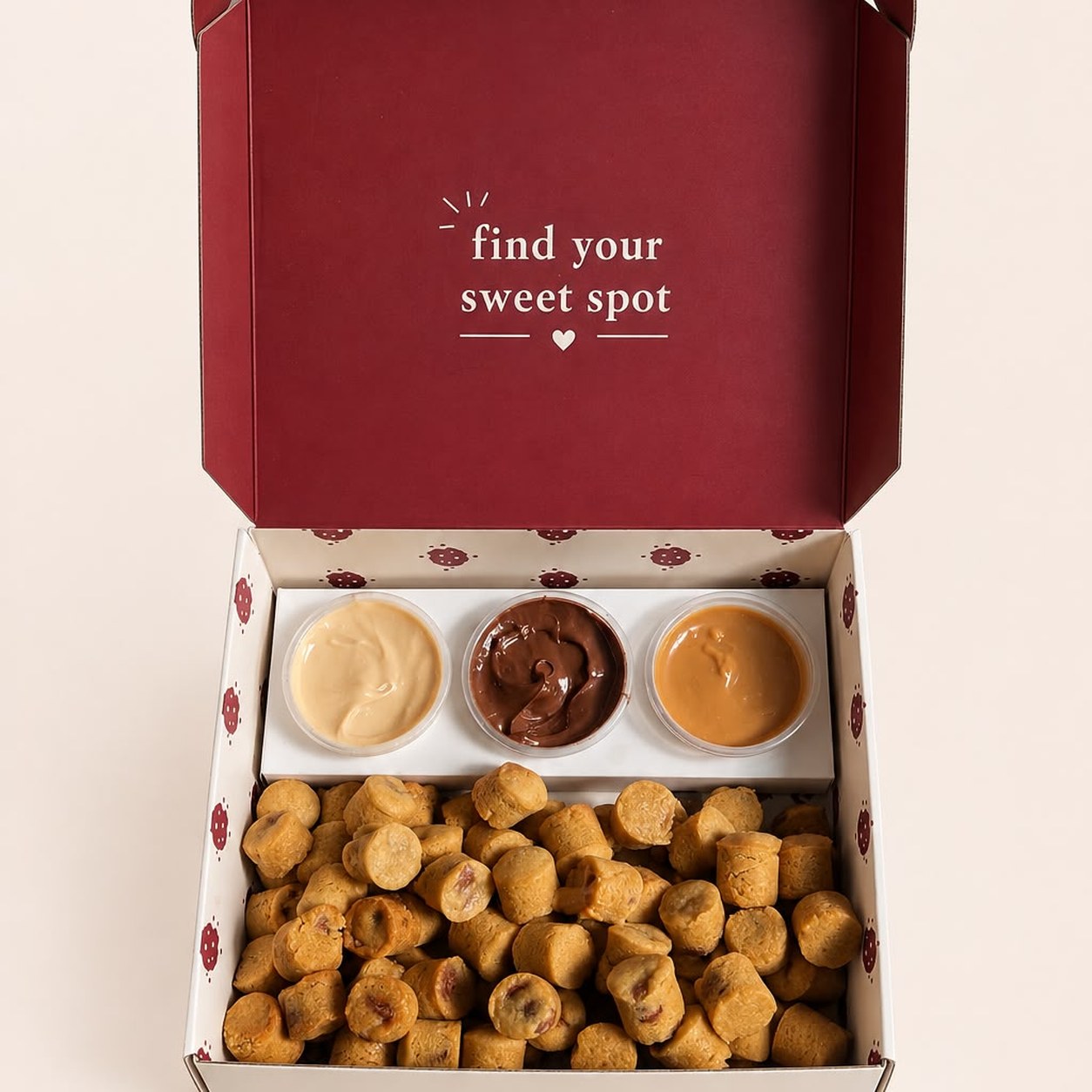 Cookie Bites box with 80 bites and three dips